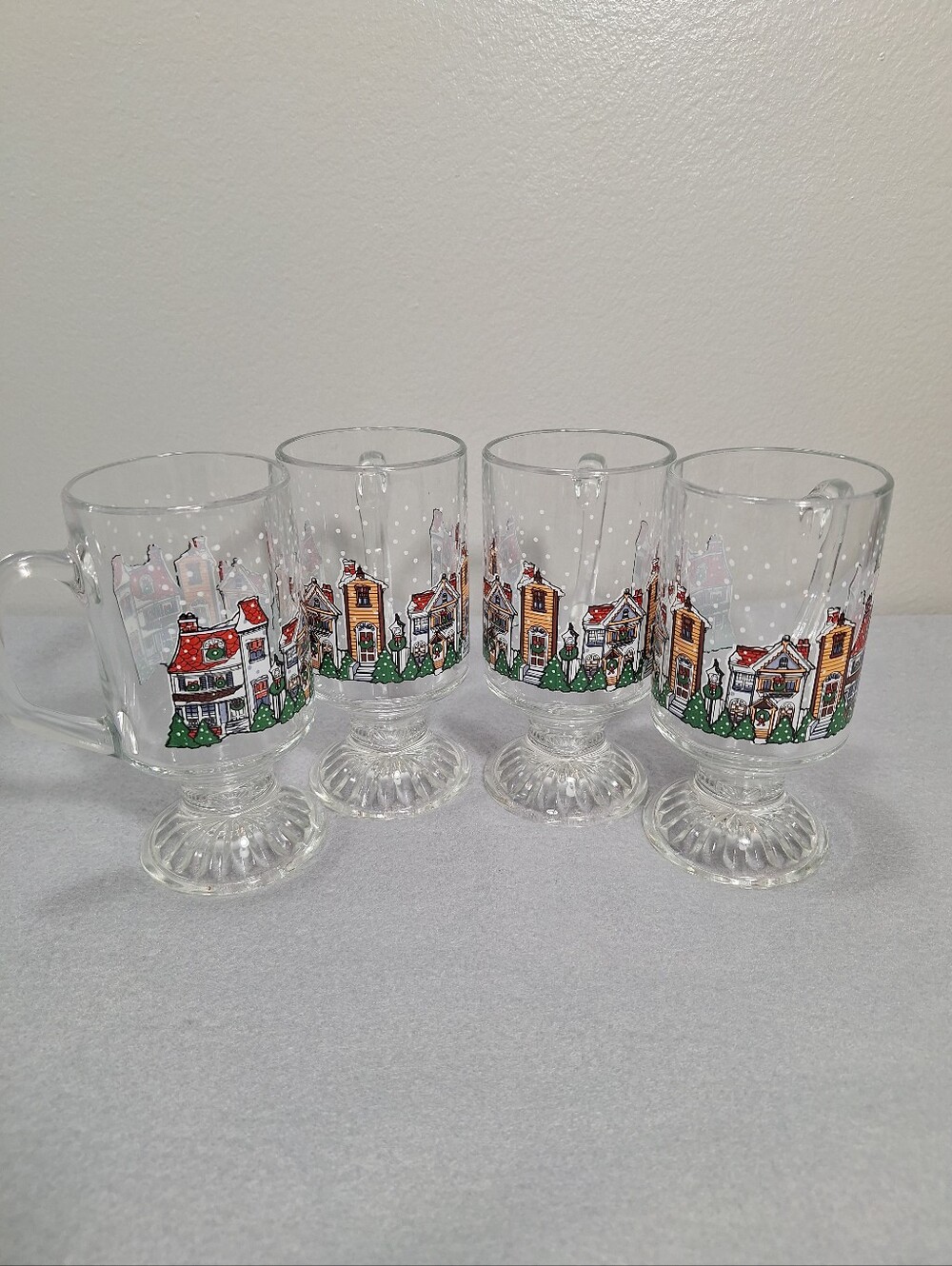 4 Vintage Arcoroc Christmas Village Hot Toddy Footed Pedestal Glasses Holiday